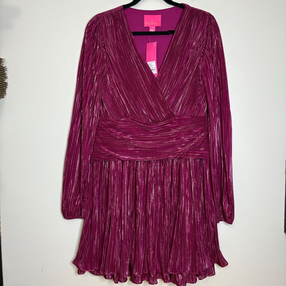 LILLY PULITZER Jessamie Long Sleeve Foil Printed Crinkle Woven Dress Sz 8 - Picture 2 of 8